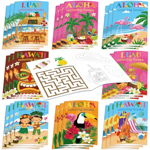 Faccito 24 Stück Sommer Malbücher für Kinder Hawaiianische Luau Malbuch Hawaii Ozean Strand Obst Hula Party Flamingo Mini DIY Kunst Zeichenbuch für Kinder Geburtstag Klassenzimmer Heim Partyzubehör von Faccito