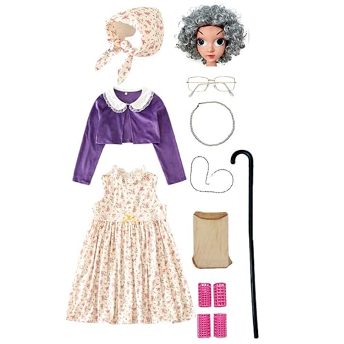 FackLOxc 100 Der Schul Cosplay Kostüm Set Kids Old Lady Kostüm Accessoires Kunstperlen Halskette Brille Krücke Blumenkleid FackLOxc 100 Der Schul Cosplay Kostüm Set Kids Old Lady Kostüm Accessoires Kunstperlen Halskette Brille Krücke Blumenkleid von FackLOxc