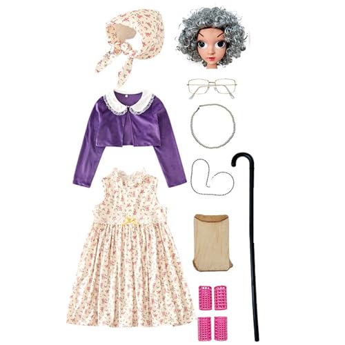 FackLOxc 100 Der Schul Cosplay Kostüm Set Kids Old Lady Kostüm Accessoires Kunstperlen Halskette Brille Krücke Blumenkleid FackLOxc 100 Der Schul Cosplay Kostüm Set Kids Old Lady Kostüm Accessoires Kunstperlen Halskette Brille Krücke Blumenkleid von FackLOxc
