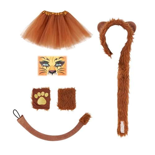 FackLOxc Löwen Kostüm Kostüm Kits Löwen Kostüm Set Löwen Stirnband Rock Plüsch Schwanz Löwen Pfoten Handschuhe Tierkleid Set Stirnband Plüsch Löwen Kostüm Set Animals Cosplay Accessoires Für Party von FackLOxc