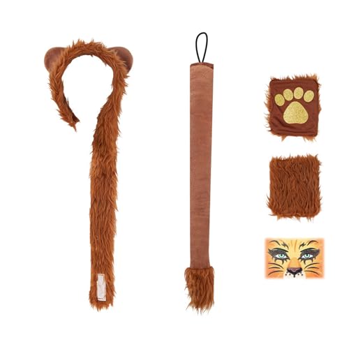 FackLOxc Löwen Kostüm Kostüm Kits Löwen Kostüm Set Löwen Stirnband Rock Plüsch Schwanz Löwen Pfoten Handschuhe Tierkleid Set Stirnband Plüsch Löwen Kostüm Set Animals Cosplay Accessoires Für Party von FackLOxc