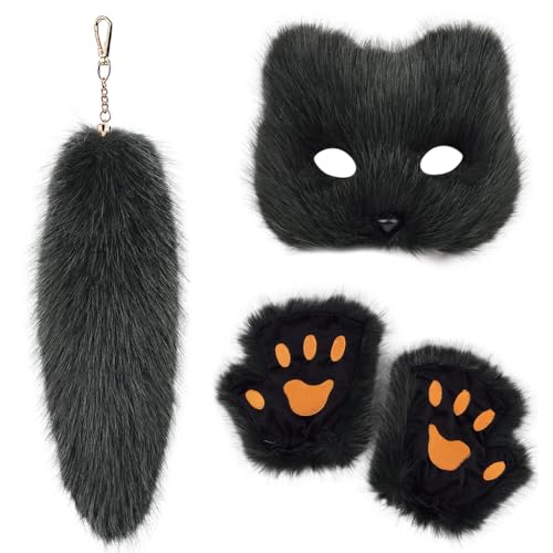 FackLOxc Modisches Fuchs-Kostüm-Set mit weichen Handschuhen und Plüschschwanz, Schlüsselanhänger-Set für Maskeraden, Event, stilvolle Outfits von FackLOxc