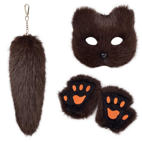 FackLOxc Modisches Fuchs-Kostüm-Set mit weichen Handschuhen und Plüschschwanz, Schlüsselanhänger-Set für Maskeraden, Event, stilvolle Outfits von FackLOxc