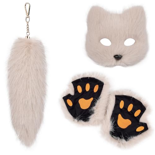 FackLOxc Modisches Fuchs-Kostüm-Set mit weichen Handschuhen und Plüschschwanz, Schlüsselanhänger-Set für Maskeraden, Event, stilvolle Outfits von FackLOxc
