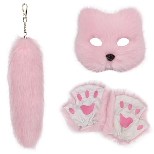 FackLOxc Modisches Fuchs-Kostüm-Set mit weichen Handschuhen und Plüschschwanz, Schlüsselanhänger-Set für Maskeraden, Event, stilvolle Outfits von FackLOxc