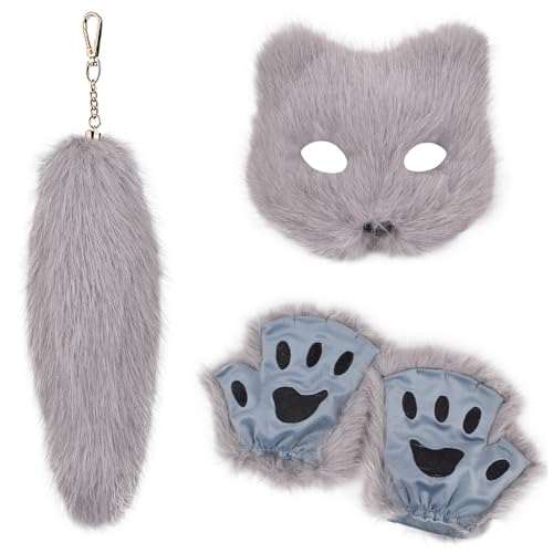 FackLOxc Modisches Fuchs-Kostüm-Set mit weichen Handschuhen und Plüschschwanz, Schlüsselanhänger-Set für Maskeraden, Event, stilvolle Outfits von FackLOxc