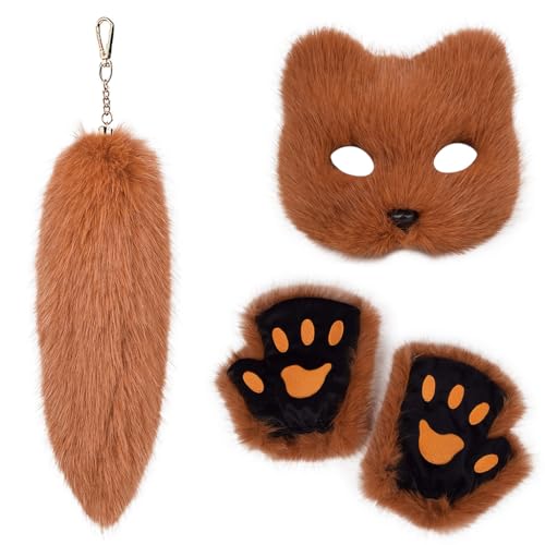 FackLOxc Modisches Fuchs-Kostüm-Set mit weichen Handschuhen und Plüschschwanz, Schlüsselanhänger-Set für Maskeraden, Event, stilvolle Outfits von FackLOxc