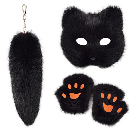 FackLOxc Modisches Fuchs-Kostüm-Set mit weichen Handschuhen und Plüschschwanz, Schlüsselanhänger-Set für Maskeraden, Event, stilvolle Outfits von FackLOxc