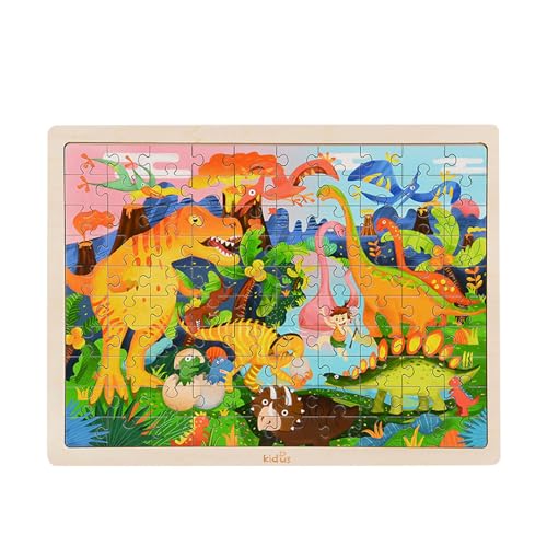 Factorys Holz-Dinosaurier-Tier-großes Puzzle, 100 Teile, Kinder-Holzspielzeug, Lernpuzzle für Jungen und Mädchen, Intelligenzentwicklung Kinderpuzzle (A, One Size) von Factorys