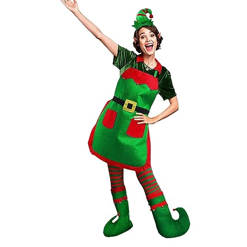 Facynde Elfen-Outfit für Frauen,Plüschmütze Weihnachtself mit rot-grün gestreiften | Lustige Erwachsenen-Outfits für Party-Rollenspiele, weihnachtliche Küchen-Kochschürzen für Frauen und Erwachsene von Facynde