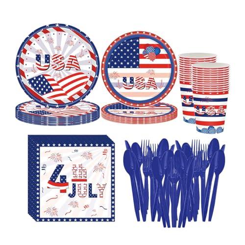 Geschirrset zum Unabhängigkeitstag, patriotisches Geschirrset mit amerikanischer Flagge,4. Juli Partybesteck mit amerikanischer Flagge - Patriotisches Partyzubehör: Pappteller, Servietten und Becher f von Facynde