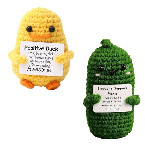 2 Stück lustige Mini-Enten-Puppen mit positiver Bestätigungskarte, emotionale Unterstützung, Häkelpuppe, Geschenke für Familie, Freunde, Ermutigung, Party-Dekoration (grün, gelb), 2 Stück von Fadbudss