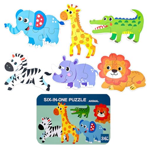6 Puzzles aus Holz für Kinder von 3 bis 6 Jahren, mit Eisenbox, Tier-Puzzle, Fahrzeug-Puzzle, Lernpuzzle für Kinder, Geschenke für Kinder (Multi A) von Fadcaer