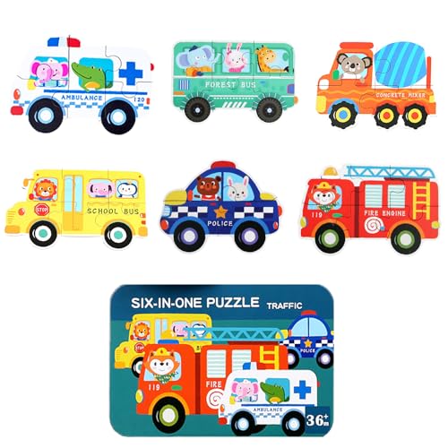 6 Puzzles aus Holz für Kinder von 3 bis 6 Jahren, mit Eisenbox, Tier-Puzzle, Fahrzeug-Puzzle, Lernpuzzle für Kinder, Geschenke für Kinder (Multi B) von Fadcaer