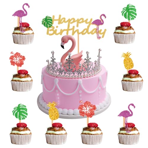 Aloha-Kuchenaufsatz,21 Stück tropischer Luau-Cupcake-Aufsatz,Flamingo-Kuchenaufsatz, Dekorationsset,Aloha-Cupcake-Aufsatz Happy Birthday-Kuchenaufsatz für hawaiianisches Luau-Partyzubehör von Fadcaer
