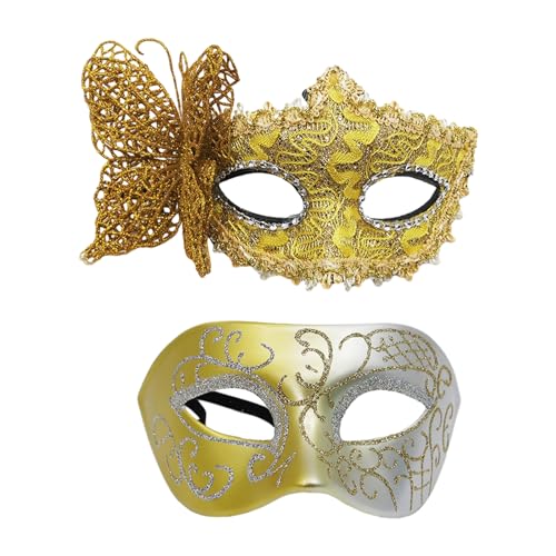 Fadcaer 2 x Maskerade-Maske für Damen und Herren, Maskerade-Maske, Ballmaske, Spitze, venezianische Maskenmasken für Paare, venezianische Partykleid, Halloween-Masken (Gold) von Fadcaer