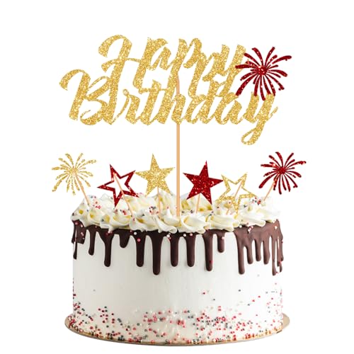 Personalisierte Glitter Cake Topper Happy Birthday Kuchen Dekorationen mit goldenen und roten Sternen und Feuerwerk Cupcake Topper für jedes Alter Männer Jungen Frauen Mädchen Gold Thema Geburtstag von Fadcaer