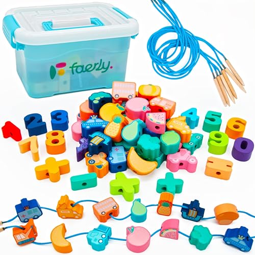 Faerly® Fädelspiel 60 Teile + Box - Montessori Spielzeug ab 2 3 4 5 6 Jahre für Kinder Pädagogisches Spiele Bauernhof Motorikspielzeug Holzspielzeug Feinmotorik von Faerly