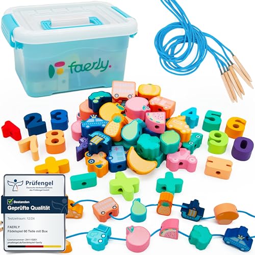 Faerly® Fädelspiel 60 Teile + Box - Montessori Spielzeug ab 2 3 4 5 6 Jahre für Kinder Pädagogisches Spiele Bauernhof Motorikspielzeug Holzspielzeug Feinmotorik von Faerly