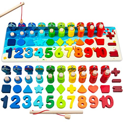 Faerly® Montessori Spielzeug magnetisches Angelspiel - Holzpuzzle Fische Lernspielzeug Holzspielzeug Motorikspielzeug für Kinder ab 2 3 4 5 6 Jahren Puzzle Regenbogen Angeln Kinderspielzeug von Faerly