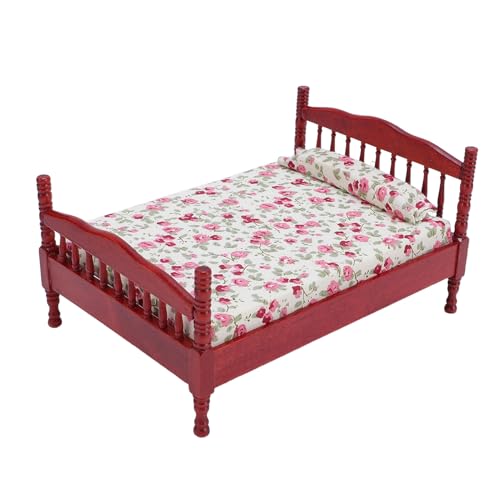 Fafeims 1/12 Skala Dollhouse Schlafzimmermöbelset, Holzminiaturbett mit Blumenbettwäsche Funktionaler Garderobe und Schminktisch für Sammler und Modellhäuserdekoration von Fafeims