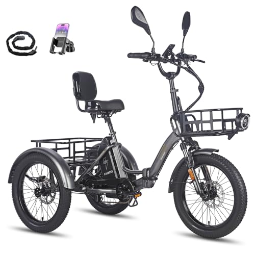 Fafrees F20 Mate Elektro Dreirad, Upgrade 2025 E-Bike 3 Rad 48V 23.45Ah Akku, E Bike Dreirad Klapprad 20 * 3.0 Zoll, Hydraulischer Bremsstarter (Vorderkorb + großer Korb, Grau) von Fafrees