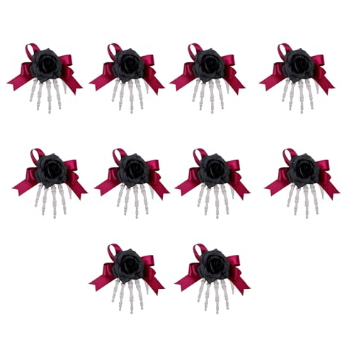 Fahoujs 10pcs Einzigartige Halloween Hair Accessoire Skeleton Hand Mit Rose Bowknot Stilvolle Seitenclip Origination Für Kostümpartys von Fahoujs