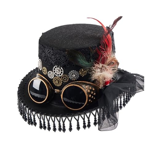 Steampunks Zylinderhut, Unisex, Vlies, viktorianischer Hut mit Brille, Unisex, Kostüm-Hut, coole Hippie-Hut, Halloween, Kopfbedeckung, Rollenspiel, Partyhut für Damen von Fahoujs