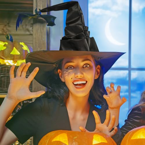 FainFun Halloween Hexenhut, Schwarz Halloween Hut, Hexen Accessoires Damen, Verstellbarer Halloween Kostüm Hexenhut für Halloween-Partys, Kostümpartys, Cosplay-Partys von FainFun