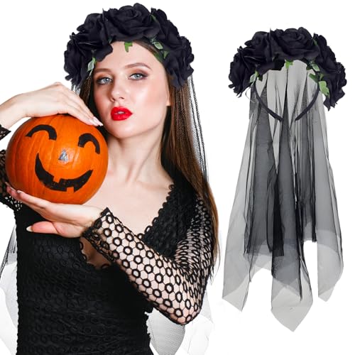FainFun Halloween Schleier, Halloween Damen Kostüm Schleier Schwarz, Halloween Blume Stirnband, Tag der Toten Kopfschmuck, Gothic Schleier, Rosenschleier Geeignet für Halloween, Kostümparty(Schwarz) FainFun Halloween Schleier, Halloween Damen Kostüm Schleier Schwarz, Halloween Blume Stirnband, Tag der Toten Kopfschmuck, Gothic Schleier, Rosenschleier Geeignet für Halloween, Kostümparty(Schwarz) von FainFun
