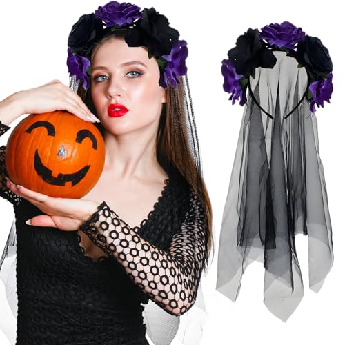FainFun Halloween Schleier, Halloween Damen Kostüm Schleier Schwarz Lila, Halloween Blume Stirnband, Tag der Toten Kopfschmuck, Gothic Schleier, Rosenschleier Geeignet für Halloween, Kostümparty von FainFun
