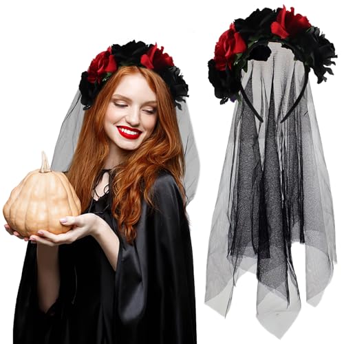 FainFun Halloween Schleier Rot, Halloween Damen Kostüm Schleier Schwarz, Halloween Blume Stirnband, Tag der Toten Kopfschmuck, Gothic Schleier, Rosenschleier Geeignet für Halloween, Kostümparty FainFun Halloween Schleier Rot, Halloween Damen Kostüm Schleier Schwarz, Halloween Blume Stirnband, Tag der Toten Kopfschmuck, Gothic Schleier, Rosenschleier Geeignet für Halloween, Kostümparty von FainFun