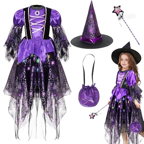 FainFun Halloween Zauberer Kostüm, Hexenkostüm Mädchen mit Lichtern, Inklusive Hexenhut, Zauberstab, Leuchtendem Rock, Süßigkeitenbeutel, Geeignet für Maskerade, Halloween, Aufführungsbühne (Lila, L) von FainFun