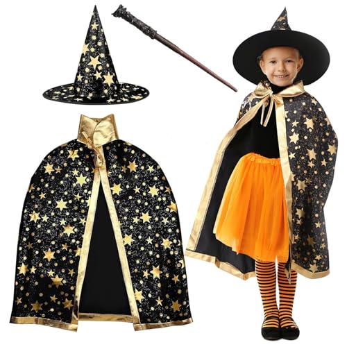 FainFun Hexe Zauberer Umhang mit Hut für Kinder, Wizard Cape Witch Umhang mit Hut, Halloween Hexe Zauberer Umhang, Schwarz, Filz-Bonbontüten, für Kinder Cosplay Party(Schwarz) von FainFun