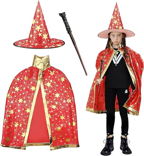 FainFun Hexe Zauberer Umhang mit Hut für Kinder, Wizard Cape Witch Umhang mit Hut, Halloween Hexe Zauberer Umhang, Schwarz, Filz-Bonbontüten, für Kinder Cosplay Party(Rot) von FainFun