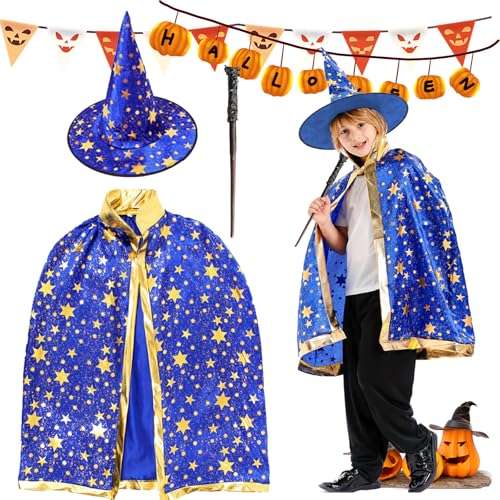 FainFun Hexenkostüm Kinder, Wizard Cape Witch Umhang mit Hut, Halloween Hexe Zauberer Umhang, Zauberer Umhang Schwarz, Filz-Bonbontüten, für Kinder Cosplay Party (Blau) von FainFun