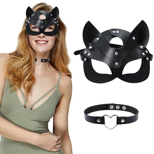 FainFun Katzen Maske Damen und Choker Set, Marvel Catwoman Maske, Halloween Katzen Maske, für Karneval Valentinstag Maskerade Kostüm Party Nachtclub Cosplay von FainFun