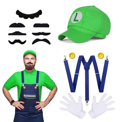 FainFun Luigi Kostüm Accessories, Karneval Kostüm,Super Bros Mütze Grün,Bros Luigi Kostüm Set Cosplay Kostüm Outfit Kostüm Unisex,Erwachsene Outfit für Karneval Faschingskostüme Geburtstags Party von FainFun