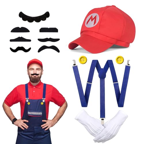 FainFun Luigi Kostüm Accessories, Karneval Kostüm,Super Bros Mütze rot,Bros Luigi Kostüm Set Cosplay Kostüm Outfit Kostüm Unisex,Erwachsene Outfit für Karneval Faschingskostüme Geburtstags Party von FainFun