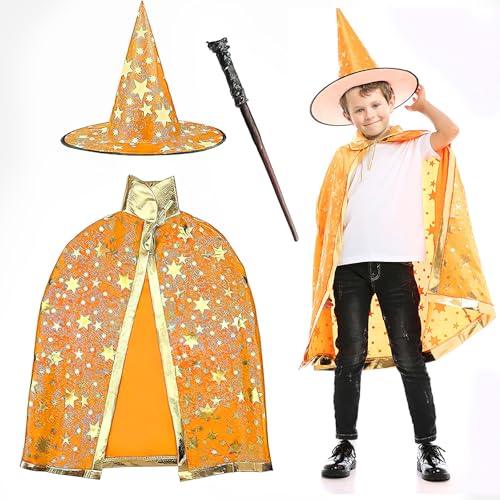 FainFun Zauberer Kostüm für Kinder, Wizard Cape Witch Umhang mit Hut, Halloween Hexe Zauberer Umhang, Schwarz, Filz-Bonbontüten, für Kinder Cosplay Party (Orange) von FainFun