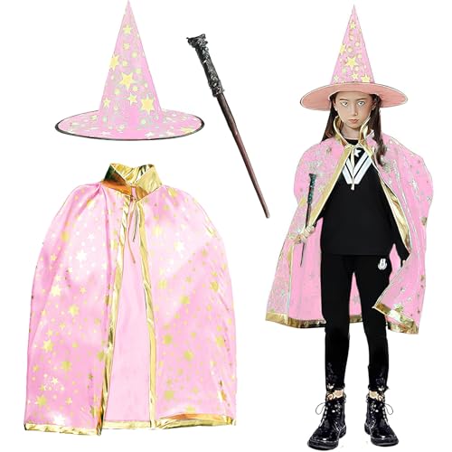 FainFun Zauberer Kostüm für Kinder, Wizard Cape Witch Umhang mit Hut, Halloween Hexe Zauberer Umhang, Schwarz, Filz-Bonbontüten, für Kinder Cosplay Party (Rosa) von FainFun
