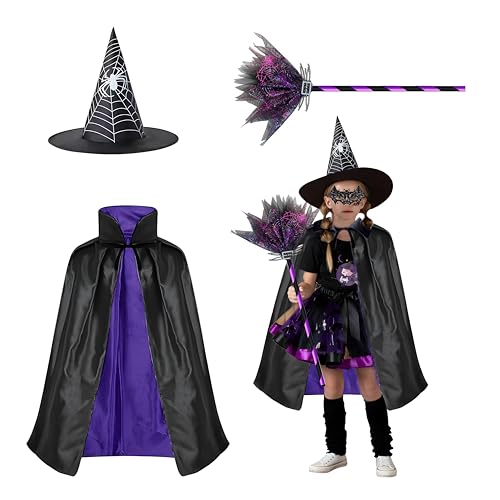 FainFun Zauberer Kostüm für Kinder, Wizard Cape Witch Umhang mit Hut, Halloween Hexe Zauberer Umhang, Schwarz, Filz-Bonbontüten, für Kinder Cosplay Party (Schwarz Lila) von FainFun