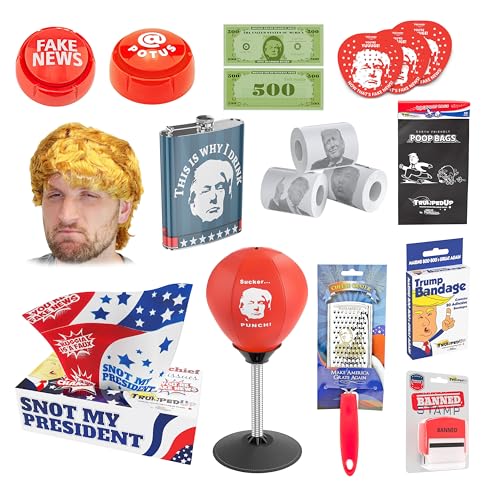 Fairly Odd Novelties Ultimate Trump Gag Gift Bundle - Includes Fake News Button, Toilet Paper, Wig, and Flask - Funny Political Gifts for Men, White Elephant Party Set von Fairly Odd Novelties