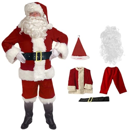 FairyHover 5-teiliges Weihnachtsmann-Kostüm für Erwachsene, Weihnachtsmann-Kostüm für Erwachsene, Herren, Weihnachtsset, luxuriöses Weihnachtsmann-Anzug-Outfit-Set für Erwachsene A,M. von FairyHover