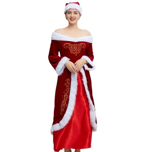 FairyHover Mrs. Santa Claus Kostüm Für Damen Samt Cosplay-Kostüm Outfit Kleid Mit Gürtel Und Hut Mrs Claus Kostüme Für Damen A,L von FairyHover