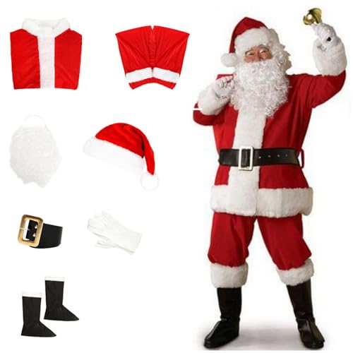 FairyHover Weihnachtsmann Kostüm 7 Zubehörteile Erwachsene Herren Kostüm Cosplay Party Deluxe Plüsch Weihnachtsmann Outfit A,XL von FairyHover