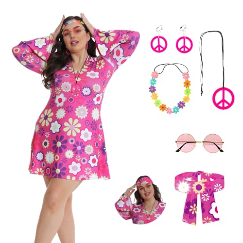70er Jahre Outfit Damen Hippie Kleid Kostüm 60er Flower Power Kleidung Frau Fasching Karneval Kostüm Damen Große Größen Rosa 50 52 XXL 48 54 56 58 XXXL 70er Jahre Outfit Damen Hippie Kleid Kostüm 60er Flower Power Kleidung Frau Fasching Karneval Kostüm Damen Große Größen Rosa 50 52 XXL 48 54 56 58 XXXL von Fairycos