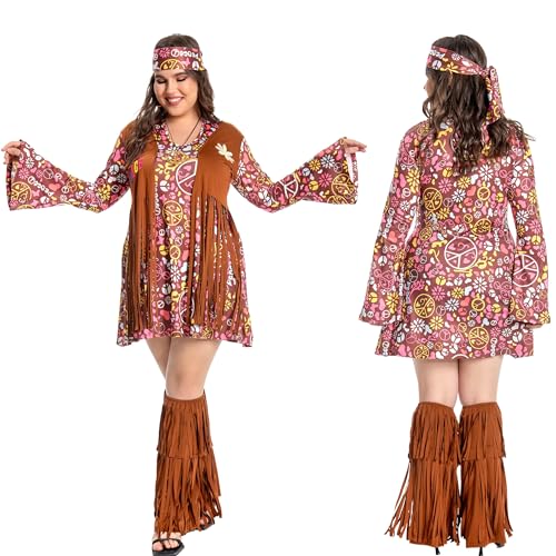 Fairycos Hippie Kostüm Damen Große Größen 50 52 70er Jahre Bekleidung Übergröße Hippie Kleid Kleidung Schlagermove Outfit Faschingskostüme Frau von Fairycos