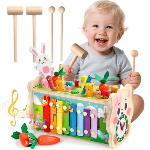 Fajiabao Montessori Spielzeug ab 1 Jahr, 7 in 1 Kinderspielzeug Holzspielzeug Motorikspielzeug, Hammerspiel Steckspiel Xylophon für Kinder ab 1 Jahre, Geschenk ab 1 2 3 4 Jahr Kinder Junge Mädchen von Fajiabao