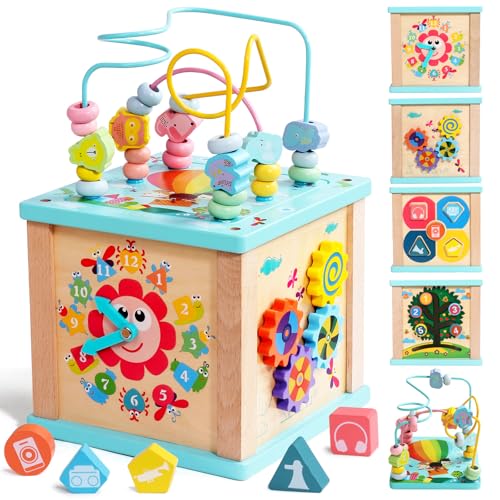 Fajiabao Motorikwürfel 5 in 1 Aktivitätswürfel Baby Holzspielzeug, Montessori Spielzeug ab 1 Jahr, Activity Center Baby 18 Monate Lernspielzeug Geschenk für Kinder Jungen Mädchen von Fajiabao